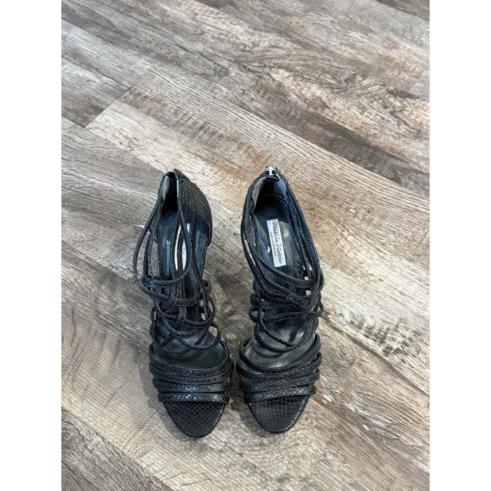 Pour La Victoire Black Snakeskin Strappy Platform Sandals Heels Size 7.5